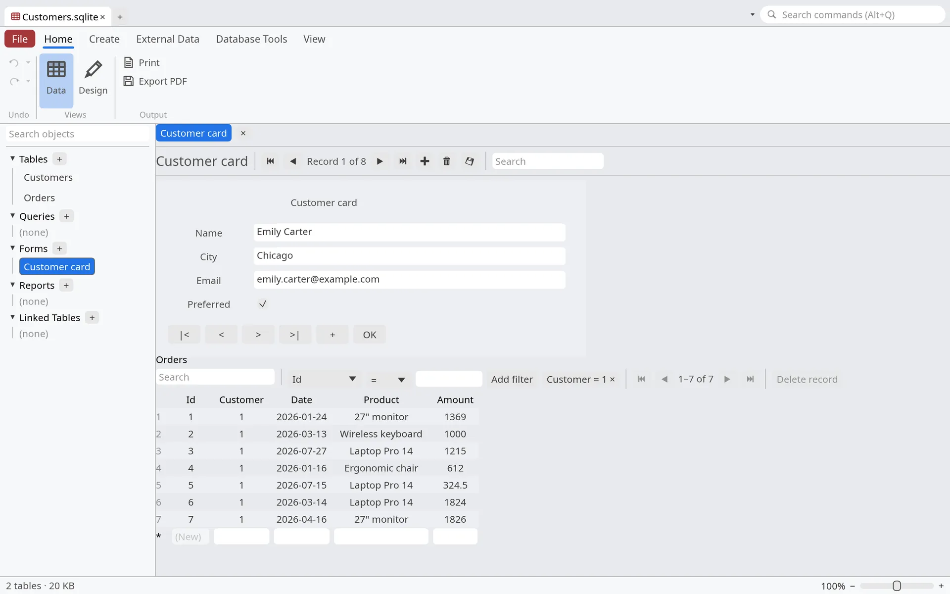 Customer database with a form and its orders