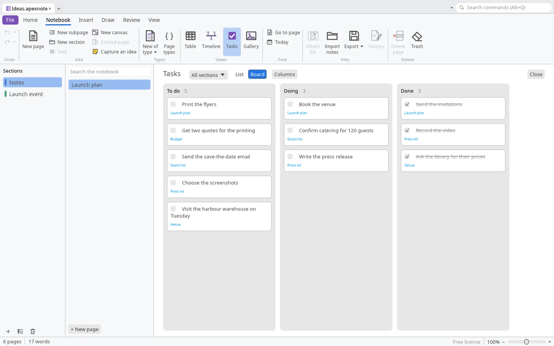 Notebook with linked pages and a task board