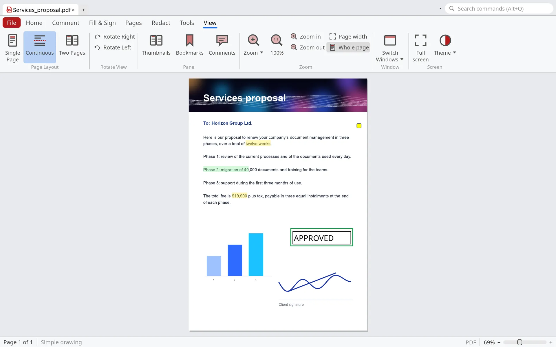 PDF with highlights, notes and an approved stamp